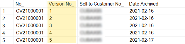 Database archive table showing multiple versions of a same document